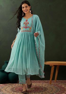 Turquoise Blue Embroidered Georgette Anarkali Set