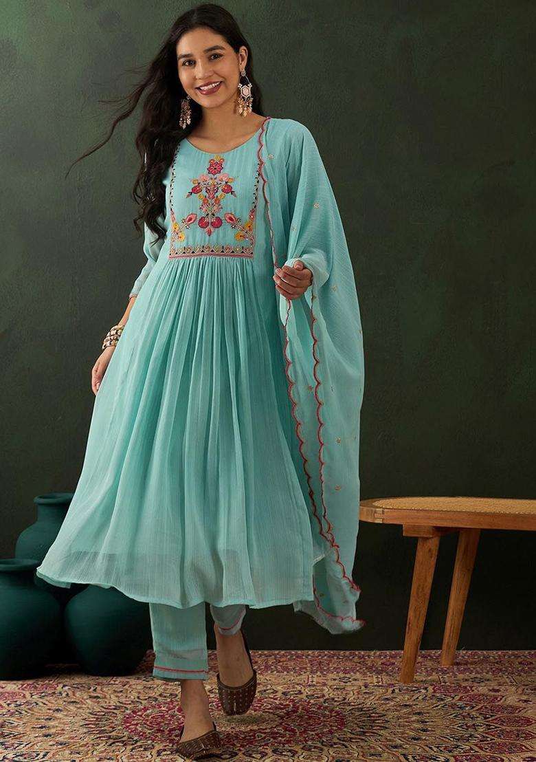 Turquoise Blue Embroidered Georgette Anarkali Set - Indya