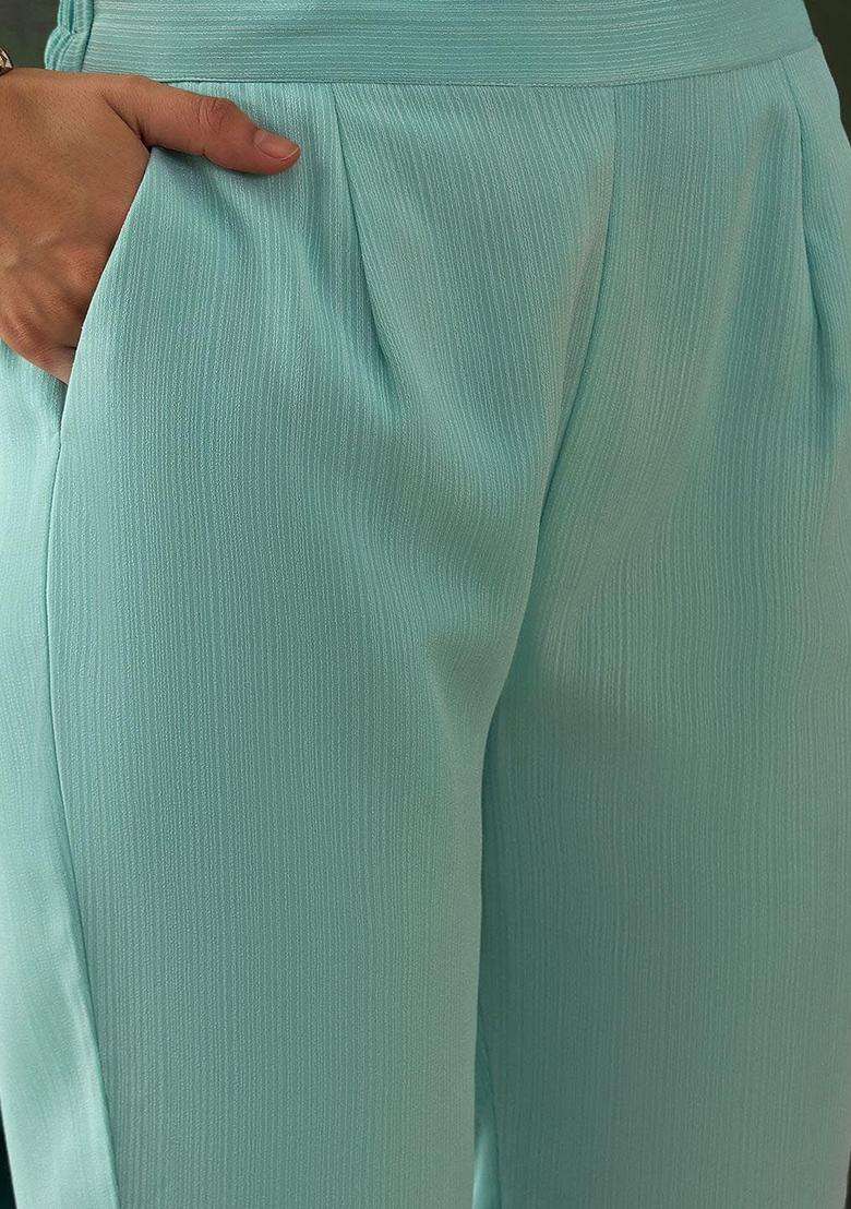 Turquoise Blue Embroidered Georgette Anarkali Set - Indya