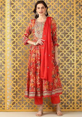 Red Embroidered Chinon Kurta Set