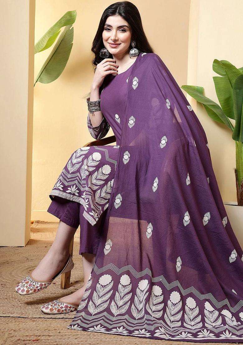 Purple Printed Cotton Kurta Set - Indya