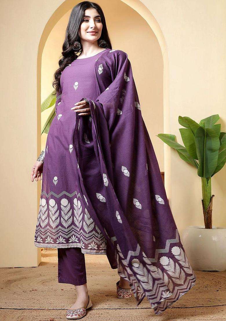 Purple Printed Cotton Kurta Set - Indya