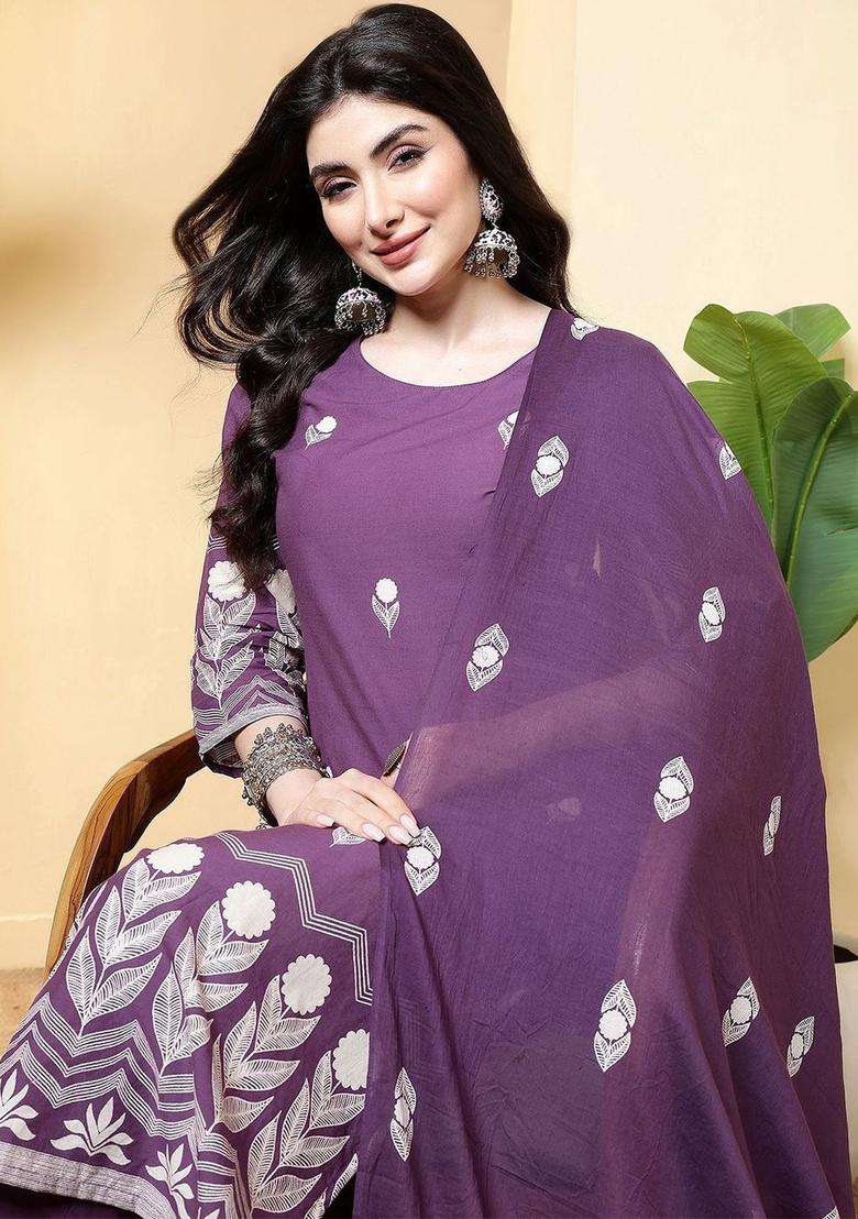 Purple Printed Cotton Kurta Set - Indya