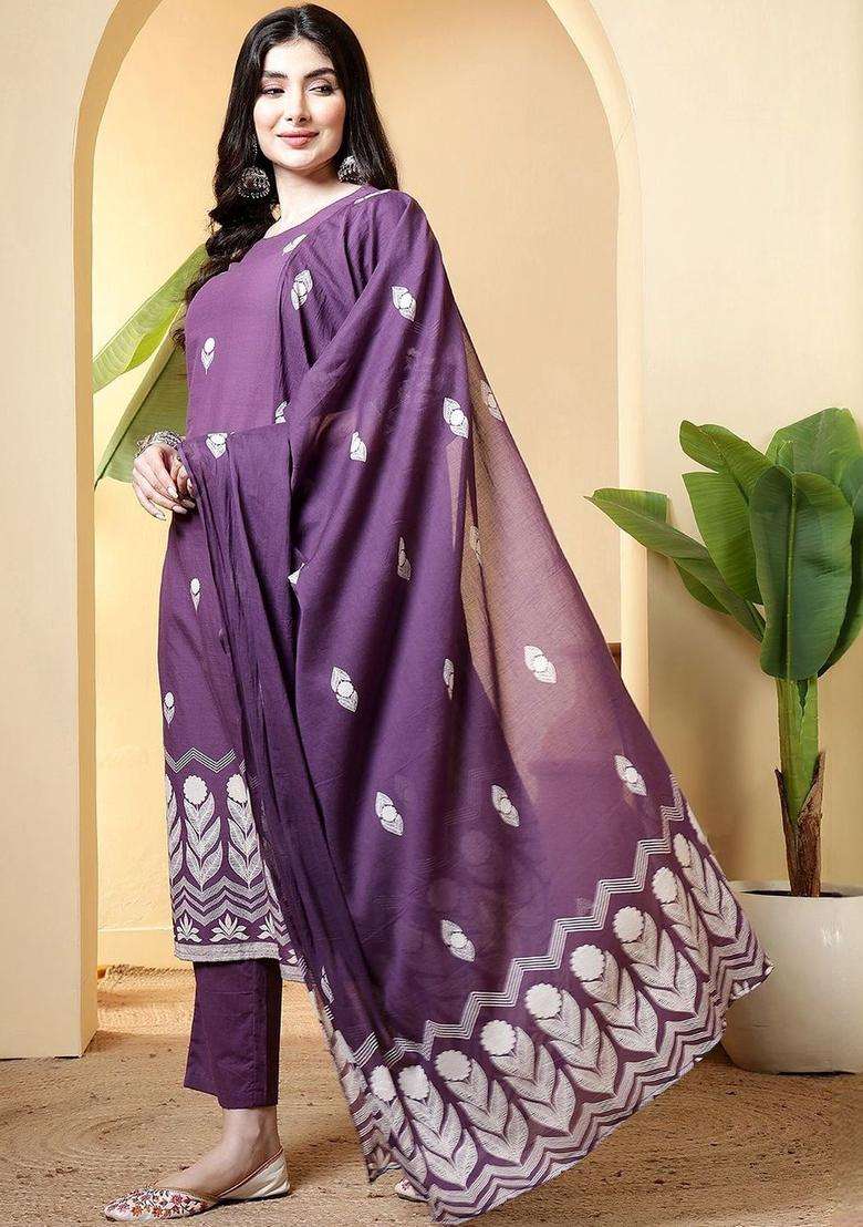 Purple Printed Cotton Kurta Set - Indya
