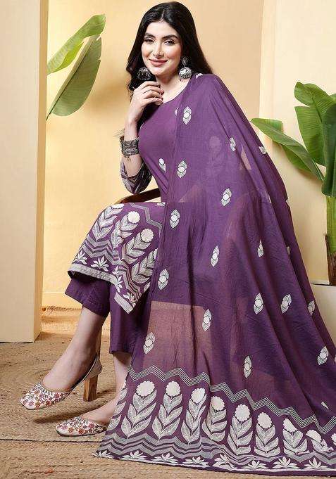 Purple Printed Cotton Kurta Set
