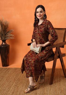 Red Printed Silk Kurta Set