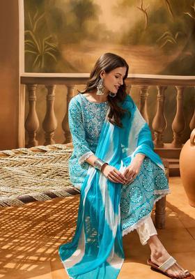 Turquoise Blue Embroidered Viscose Anarkali Set