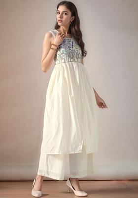 Off White Embroidered Cotton Kurta Set