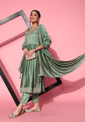 Green Embroidered Silk Kurta Set