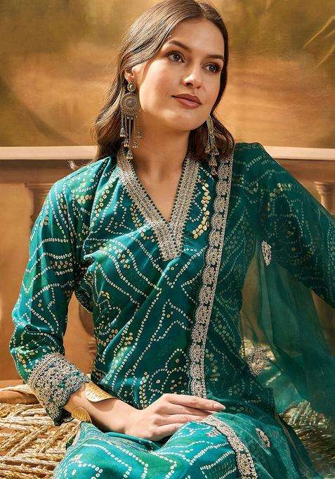 Green Printed Silk Blend Kurta Set
