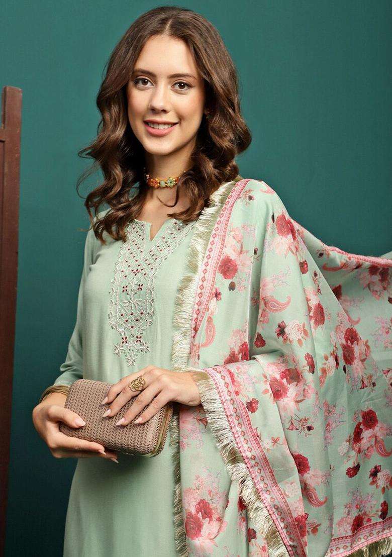 Sea Green Embroidered Viscose Kurta Set - Indya