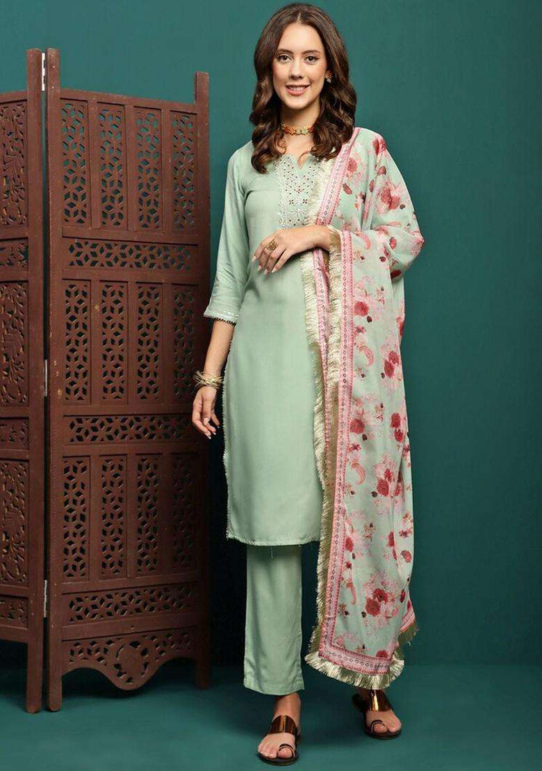 Sea Green Embroidered Viscose Kurta Set - Indya