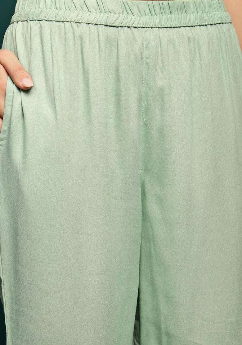 Sea Green Embroidered Viscose Kurta Set - Indya