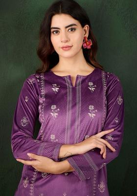 Purple Printed Velvet Kurta Set