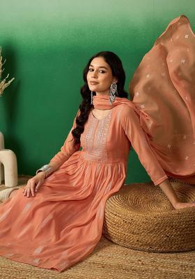 Peach Embroidered Georgette Kurta Set