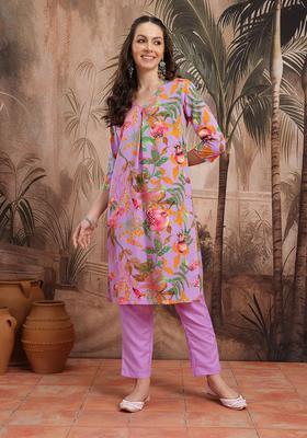 Lavender Printed Polyester Kurta Set