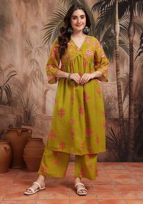Green Printed Polyester Kurta Set