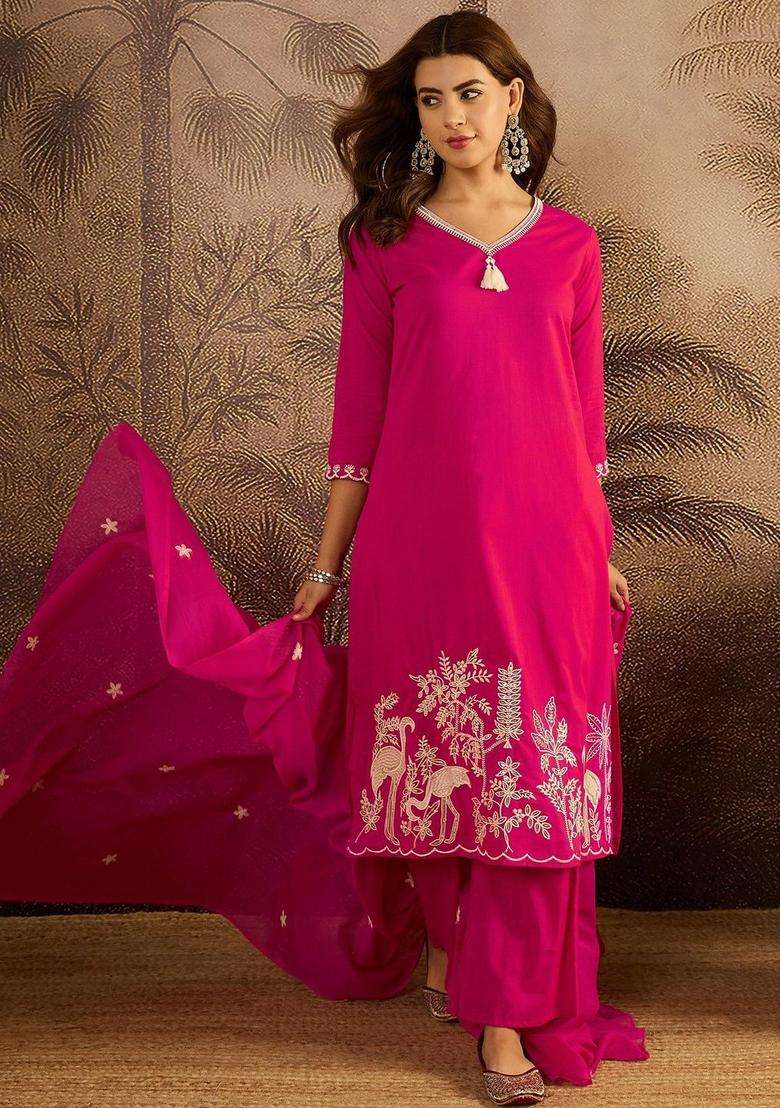 Pink Embroidered Cotton Kurta Set - Indya