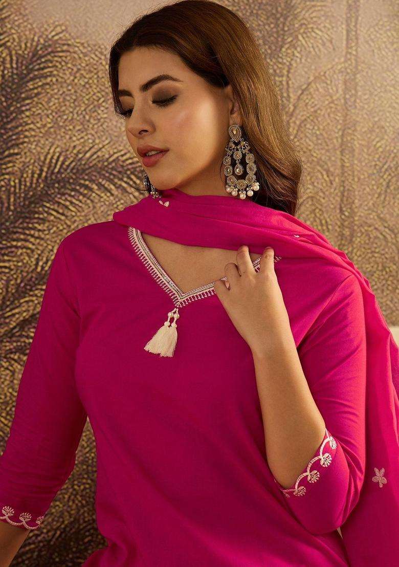 Pink Embroidered Cotton Kurta Set - Indya