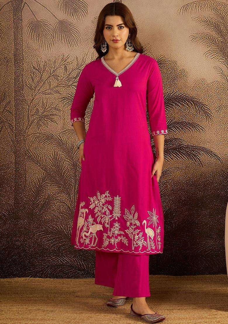 Pink Embroidered Cotton Kurta Set - Indya