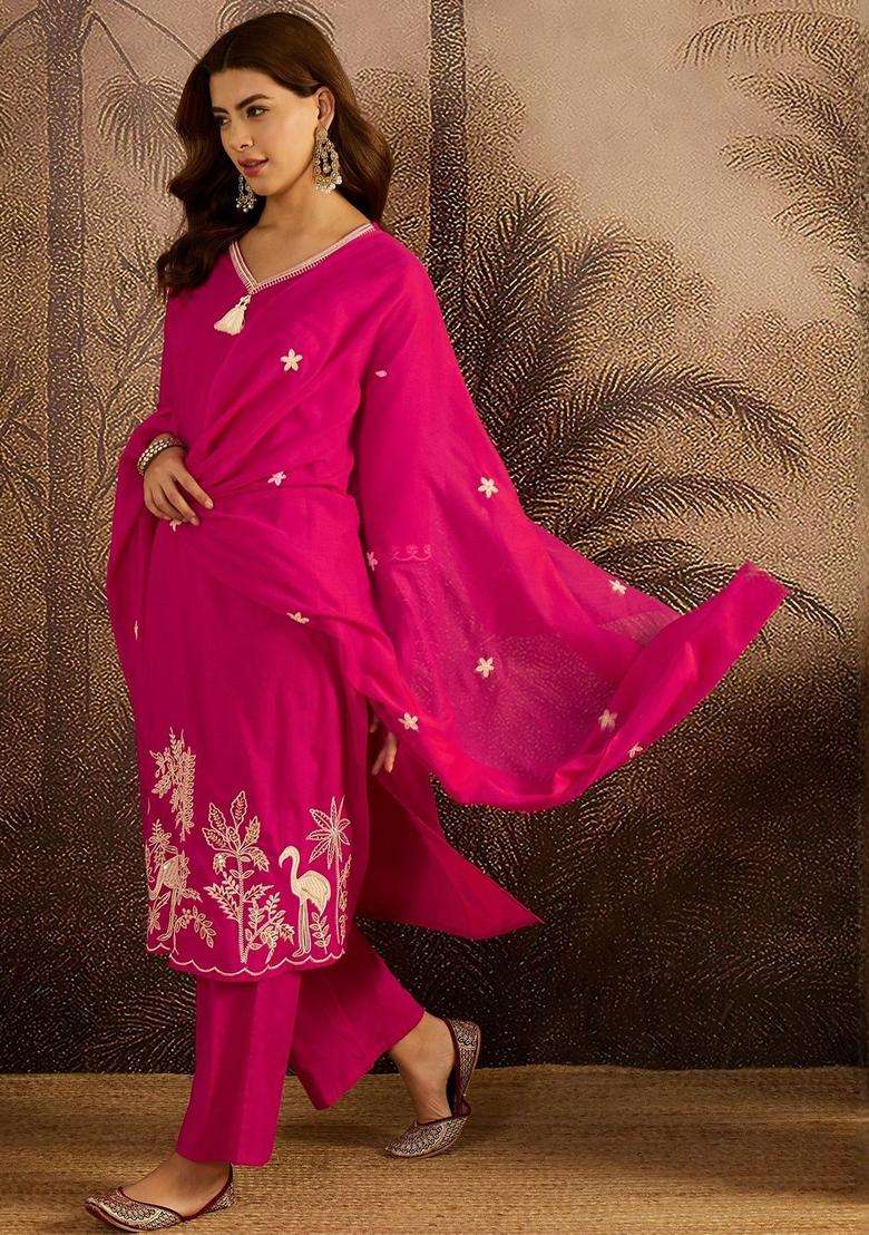 Pink Embroidered Cotton Kurta Set - Indya