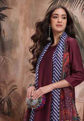 Maroon Solid Polyester Kurta Set