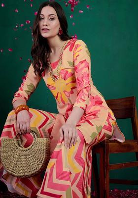 Peach Printed Crepe Kurta Set