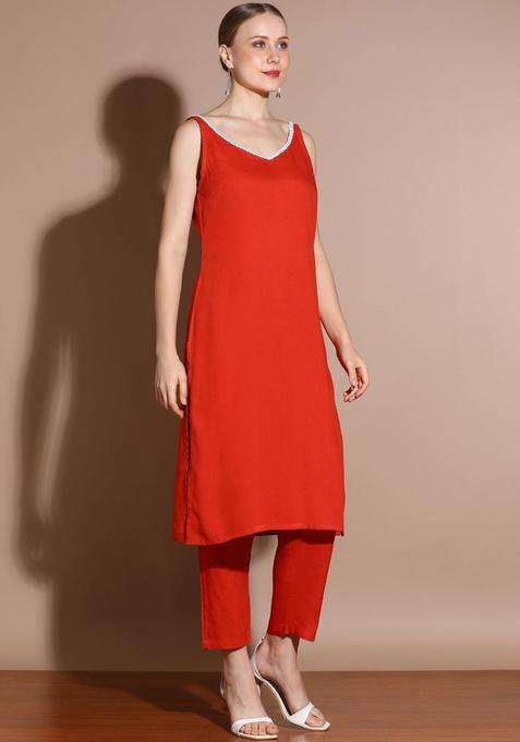 Red Solid Viscose Kurta Set