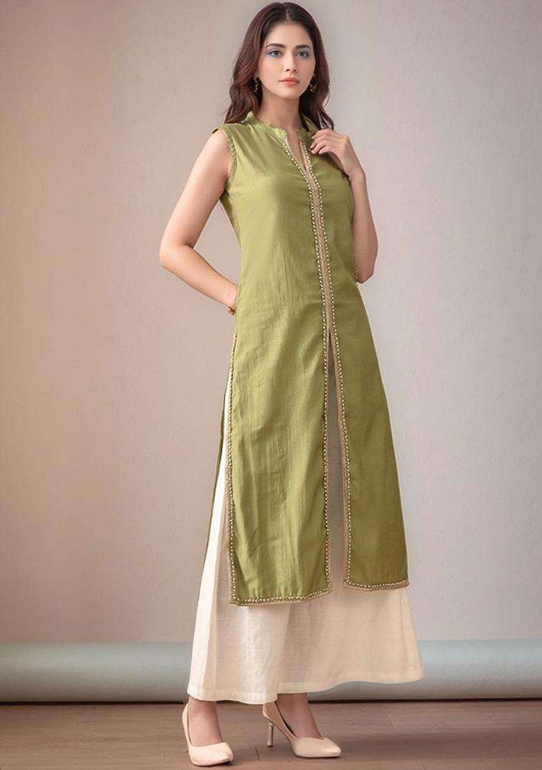 Green Solid Silk Kurta Set - Indya