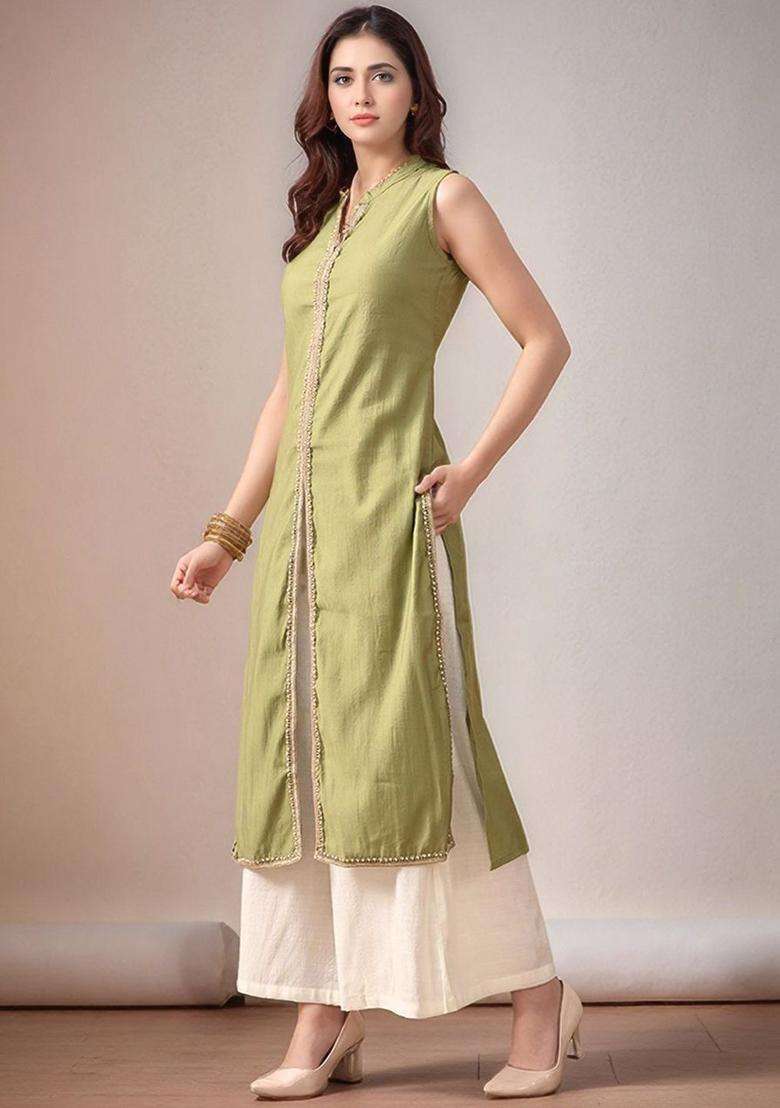 Green Solid Silk Kurta Set - Indya