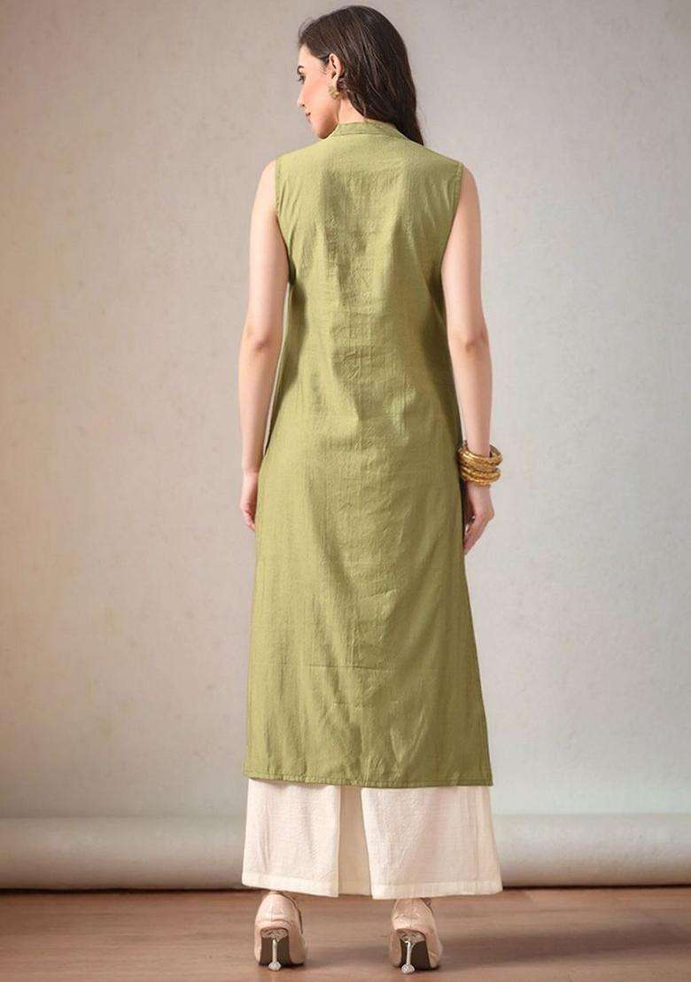 Green Solid Silk Kurta Set - Indya
