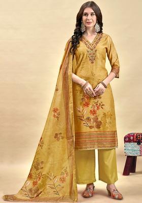 Beige Printed Silk Blend Kurta Set