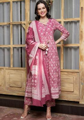 Mauve Printed Cotton Kurta Set