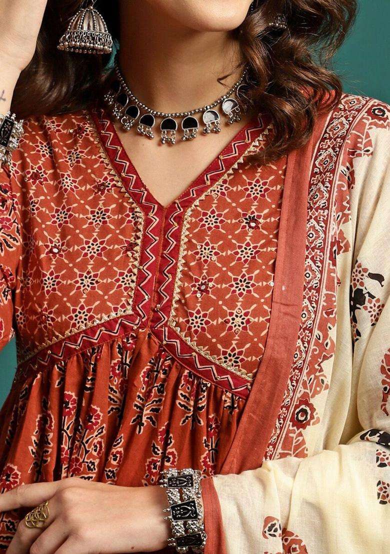 Brown Printed Cotton Anarkali Set - Indya