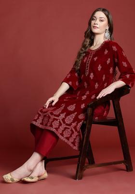 Maroon Printed Polyester Kurta Set