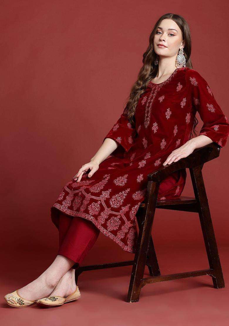 Maroon Printed Polyester Kurta Set - Indya