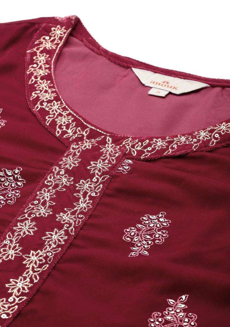 Maroon Printed Polyester Kurta Set - Indya