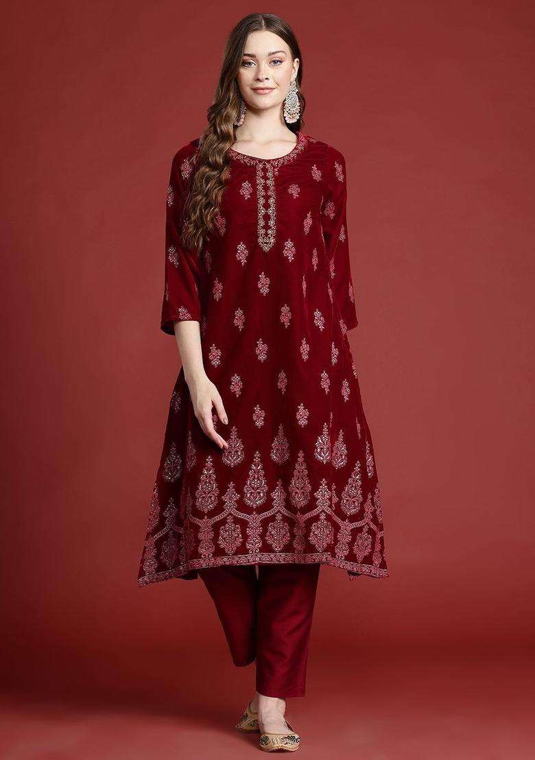 Maroon Printed Polyester Kurta Set - Indya