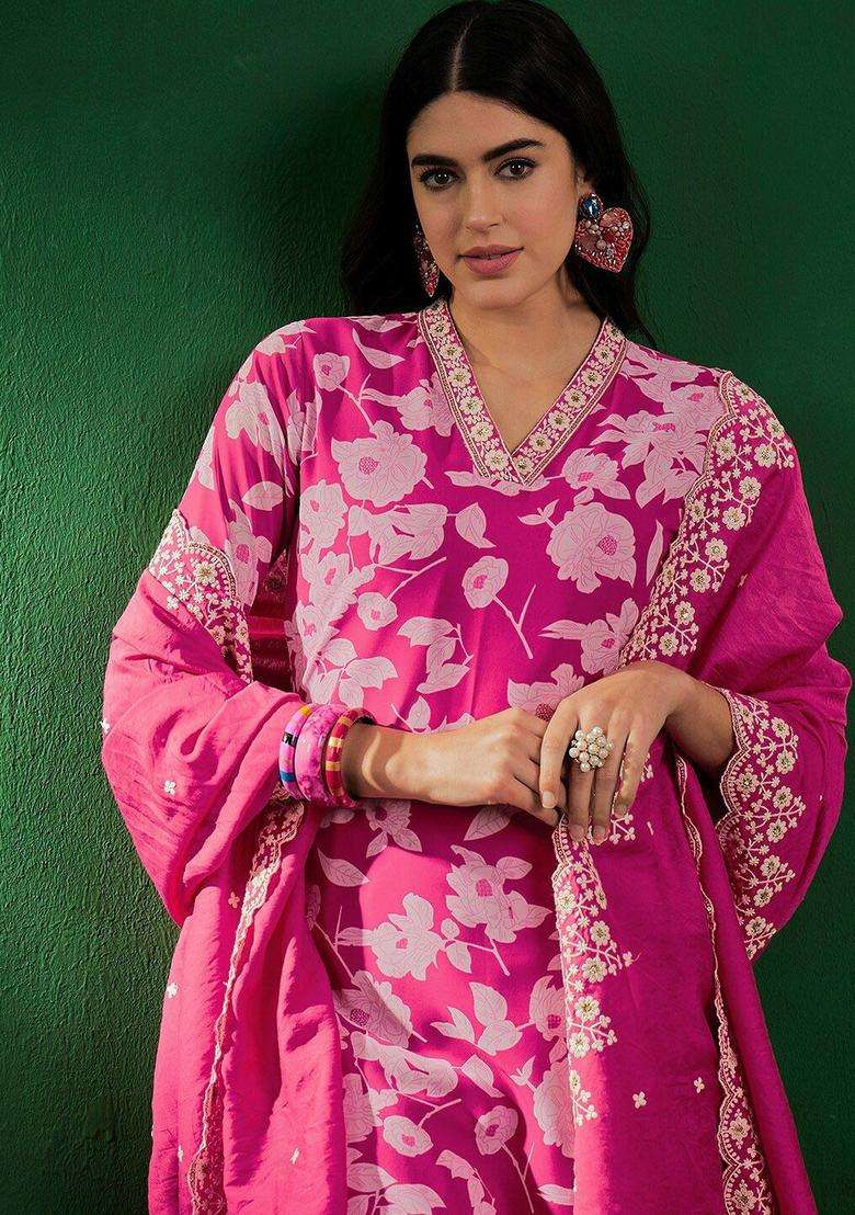 Pink Printed Georgette Kurta Set - Indya