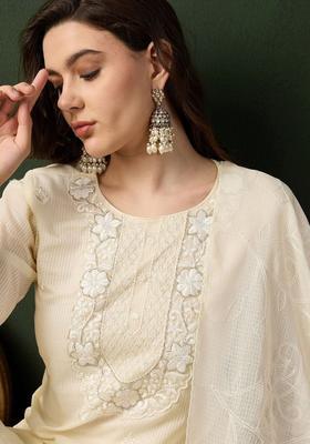 Cream Embroidered Cotton Kurta Set