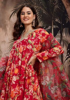 Red Printed Polyester Kurta Set