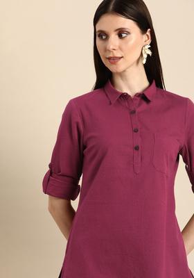 Purple Solid Cotton Kurta Set