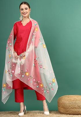 Red Solid Polyester Kurta Set