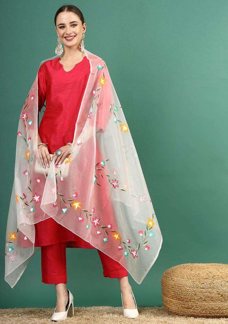 Red Solid Polyester Kurta Set - Indya