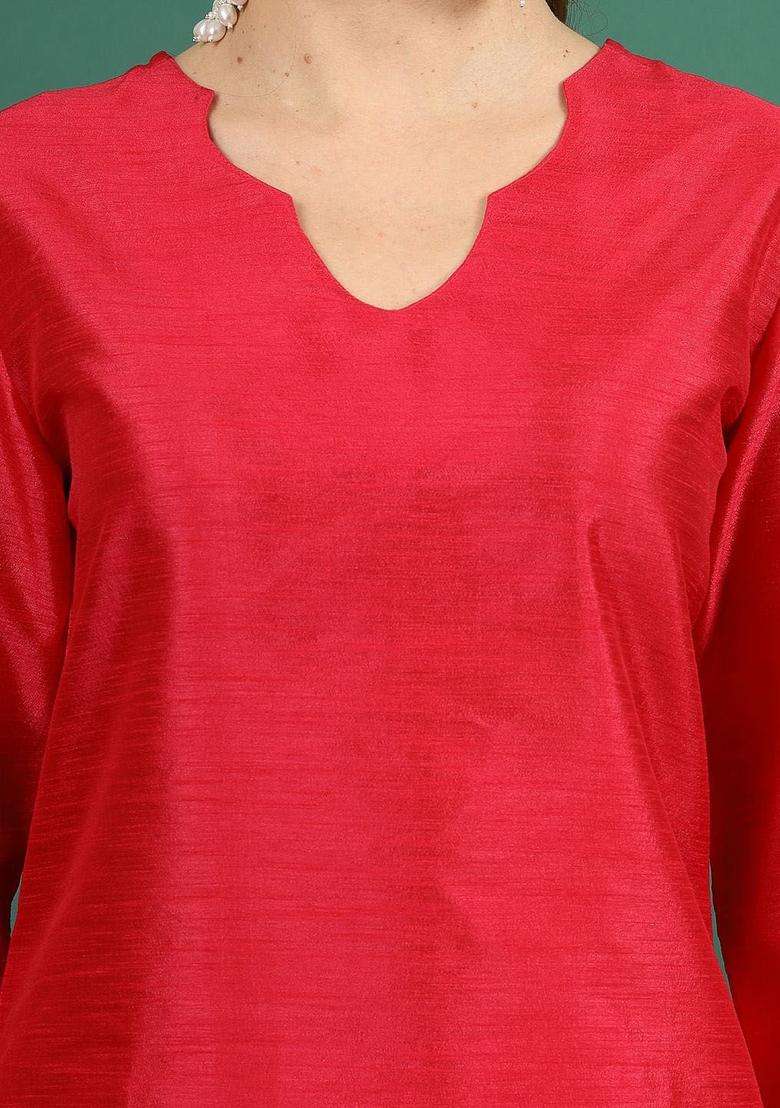 Red Solid Polyester Kurta Set - Indya