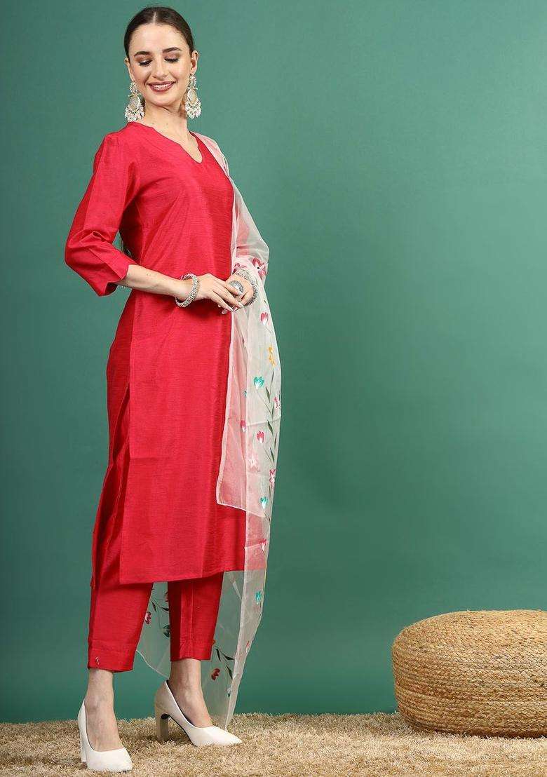 Red Solid Polyester Kurta Set - Indya