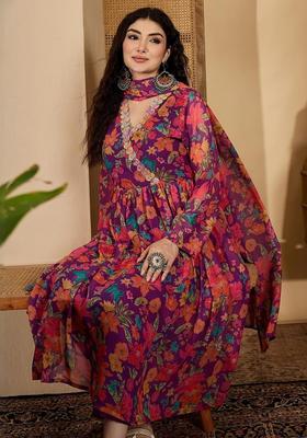 Purple Printed Georgette Kurta Set