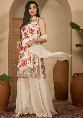Off White Printed Silk Blend Kurta Set