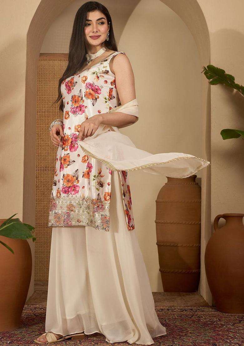 Off White Printed Silk Blend Kurta Set - Indya