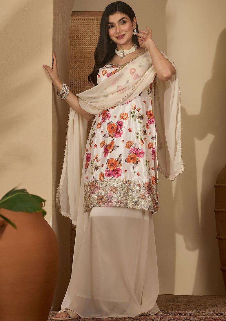 Off White Printed Silk Blend Kurta Set - Indya